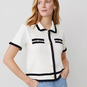 NWT Ann Taylor  Tipped Fringe Button Top Gold Button Nautical Cardigan size XLP